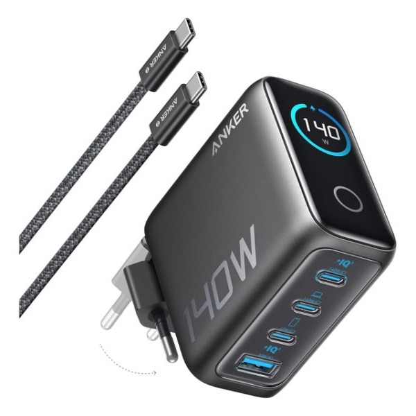 ANKER 140W zidni punjač 4-porta (3x USB-C, 1x USB-A) sa USB-C M/M pletenim kablom, tamno sivi