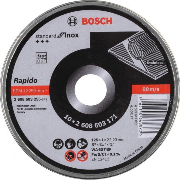 BOSCH Rezna ploča ravna Standard for Inox - Rapido WA 60 T BF, 125x1,0 mm pakovanje od 10 komada - 2608603255