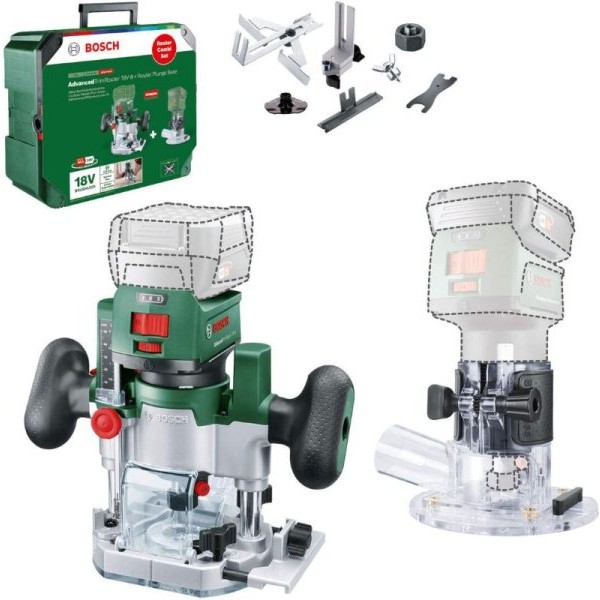 BOSCH zeleni alat Akumulatorska kombinovana glodalica 2u1 AdvancedTrimRouter 18V-8 Solo, bez baterije i punjača u koferu, 06039D5002