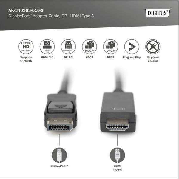 DIGITUS Kabl Display port 1.2 na HDMI2.0 4K 1m crni