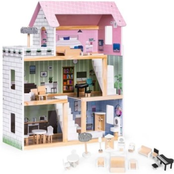 ECO TOYS Drvena kućica za lutke sa setom od 15 komada nameštaja