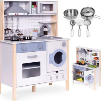 ECO TOYS Drvena kuhinja za decu sa zvukovima, led svetlom,rernom,mašinom i kuhinjskim priborom