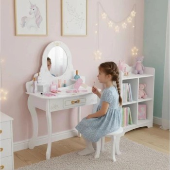 ECO TOYS Veliki drveni toaletni sto za decu sa ogledalom i roze dodacima, ECOTOYS