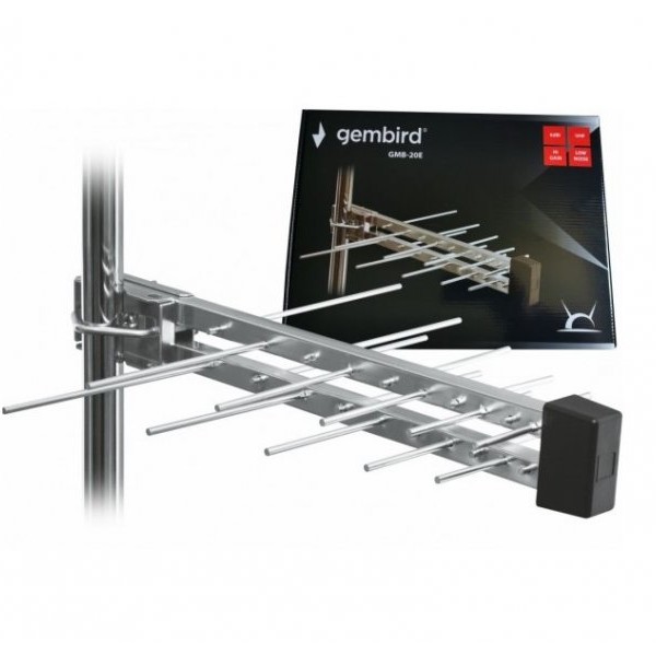 GEMBIRD GMB-20E sa kutijom **Gembird Antena Loga UHF sa RF-Konektorom, 20elemenata, duzina 39cm, 6dB alu 568