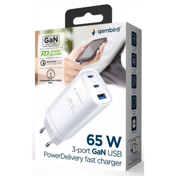 GEMBIRD TA-UC-PDQC65-01-W Gembird 3-port 65W GaN USB PowerDelivery fast charger, white