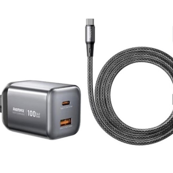 REMAX Set: Strujni punjač Wisdom GaN 1xUSB 3.0+1xUSB-C 100W + USB-C kabl CA-15, crni