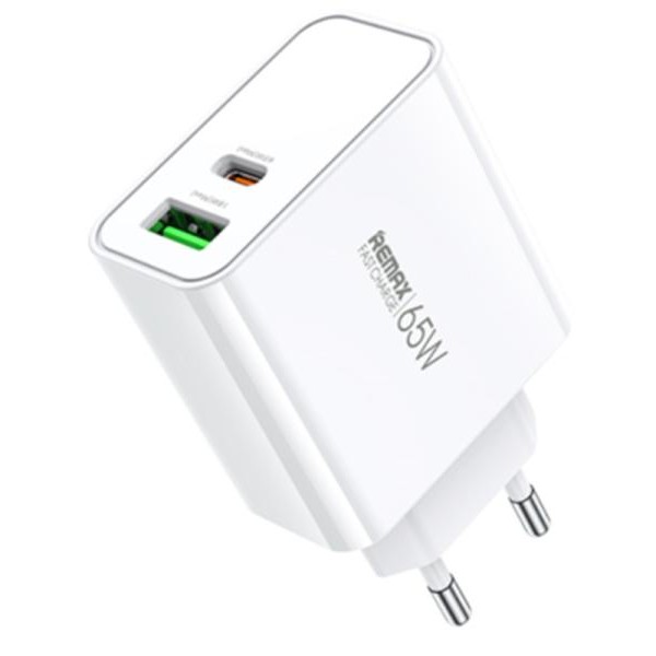 REMAX Strujni Fast punjač Kiddy 1xUSB 3.0 + 1xUSB-C 65W RP-U125, beli