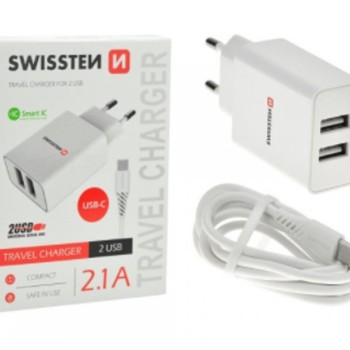 SWISSTEN Kućni Punjač 2.1A 2xUSB Type-C (Bela)