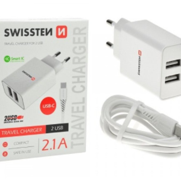 SWISSTEN Kućni Punjač 2.1A 2xUSB Type-C (Bela)