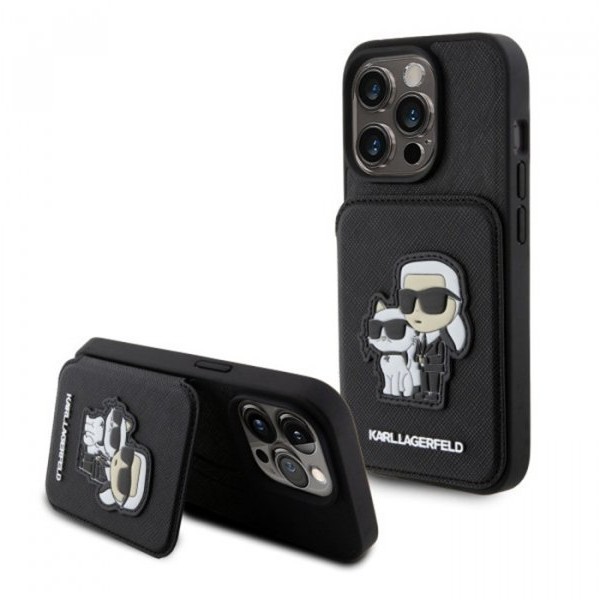 APPLE Maska za iPhone 15 Pro Max SAFFIANO CARDSLOTS AND STAND K&C PATCH BLACK