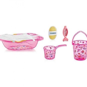 BABYJEM Set za kupanje 6 delova pink (kadica, podloga, termometar, sunđer, bokal, kofica)