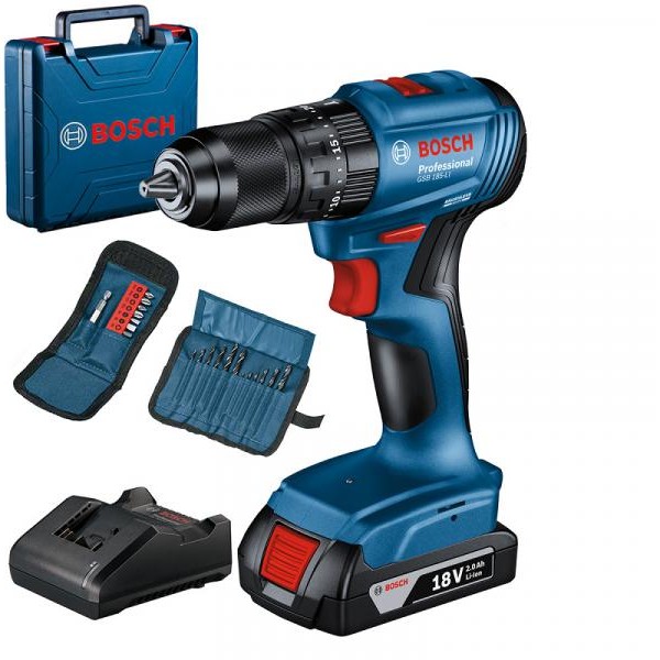 BOSCH GSB 185-Li Akumulatorska vibraciona bušilica - odvrtač 18V, 1x2,0 Ah + 23-delni set pribora u koferu 06019K3102