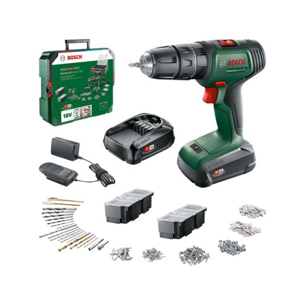 BOSCH UniversalImpact 18V + SystemBox Akumulatorska vibraciona bušilica, 2x 1.5Ah akumulator i punjač, 06039D4103