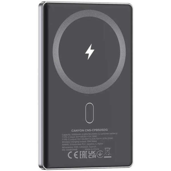 CANYON OnPower 505 slim Magnetic PowerBank baterija-punjač 5000 mAh Sivi (CNS-CPB505DG)
