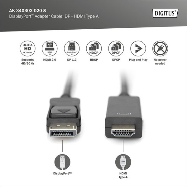 DIGITUS Kabl Display port 1.2 na HDMI2.0 4K 2m crni