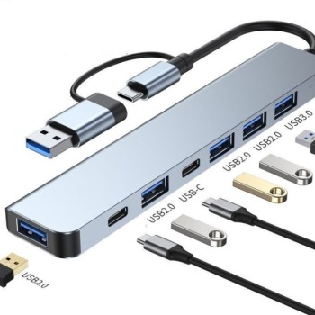 E-GREEN Adapter USB 3.0/USB 3.1 tip C (M) - USB 3.0 + 3 x USB 2.0 + 3.5mm audio + SD/TF + 1 x tip C (8 u 2)
