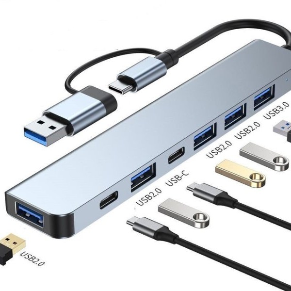 E-GREEN Adapter USB 3.0/USB 3.1 tip C (M) - USB 3.0 + 3 x USB 2.0 + 3.5mm audio + SD/TF + 1 x tip C (8 u 2)