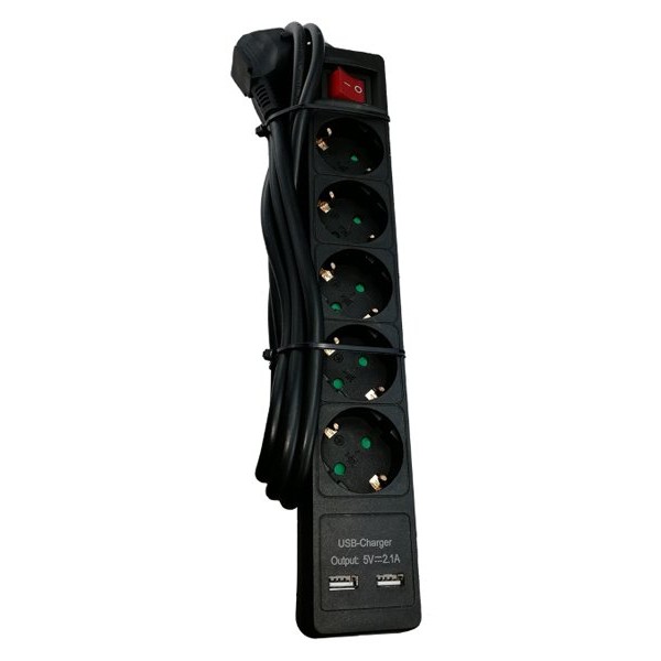 E-GREEN Naponski produžni Kabl, 5 x šuko + 2xUSB sa prekidacem i zaštitom, 2m, crni