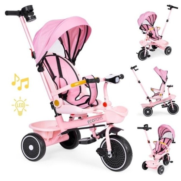 ECO TOYS 2u1 tricikl sa rotirajucim sedistem i sklopivom tendom Pink, ECOTOYS