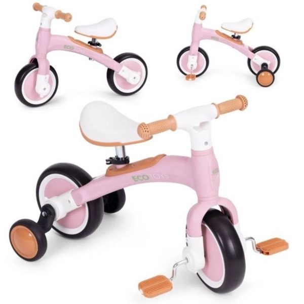 ECO TOYS Balans bicikl sa pedalama i pomoćnim točkovima 3u1 rozi