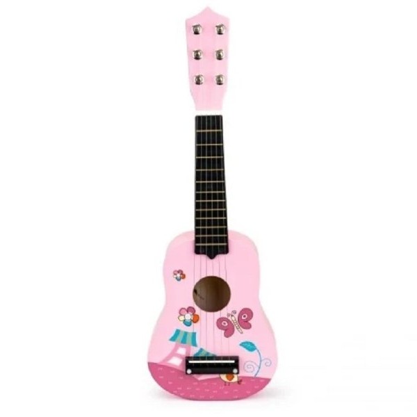 ECO TOYS Drvena gitara za decu sa metalnim žicama pink