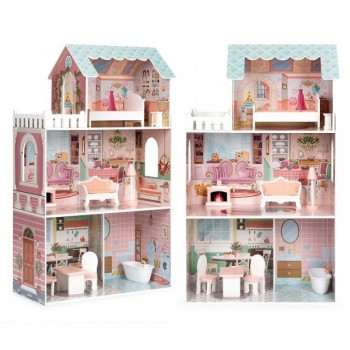 ECO TOYS Drvena kućica za lutke sa nameštajem 61x30x106