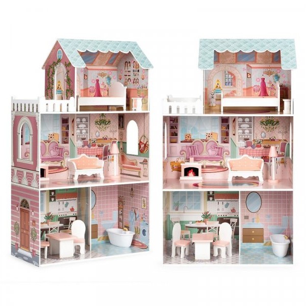 ECO TOYS Drvena kućica za lutke sa nameštajem 61x30x106