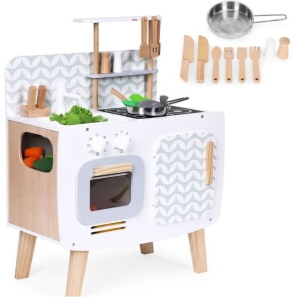 ECO TOYS Drvena kuhinja za decu retro sa rernom, šporetom, sudoperom i priborom