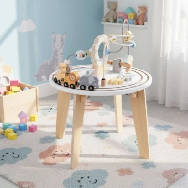 ECO TOYS Drveni 5u1 edukativni interaktivni sto za decu - lavirint, perlice na zici (rolerkoster), vozic, ogledalo, ECOTOYS