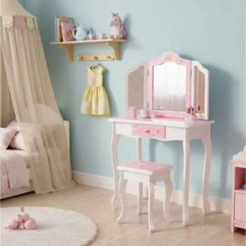 ECO TOYS Veliki deciji toaletni sto za devojcice sa trostrukim ogledalom, stolicom i fiokom, ECOTOYS
