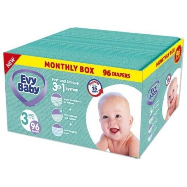 EVY BABY Pelene Box 3 Midi 5-9kg - 96 kom 3u1
