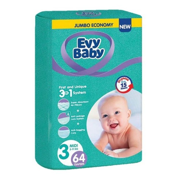 EVY BABY Pelene Jumbo 3 Midi 5-9kg 64kom 3 u 1