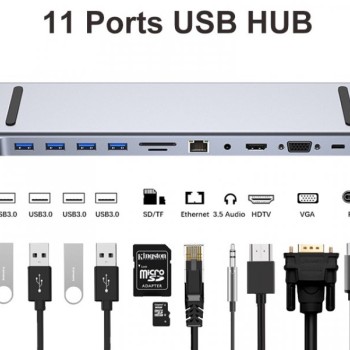 FAST ASIA Adapter TIP-C HUB na 4xUSB +SD/micro+RJ45+HDMI+ VGA+ PD+ Audio