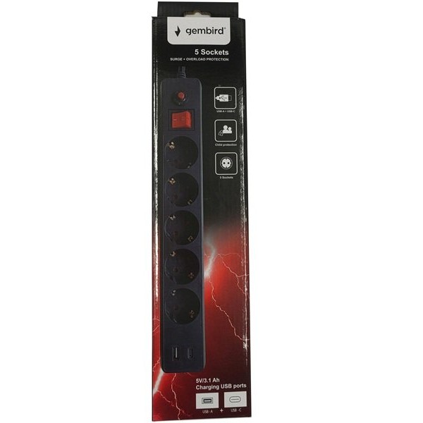 GEMBIRD SPG5-B-10(3G1.5)**produzni kabl sa zastitom i 5 uticnica, 5V/3.1A USB-A+C 16A/3500W 3m (765)