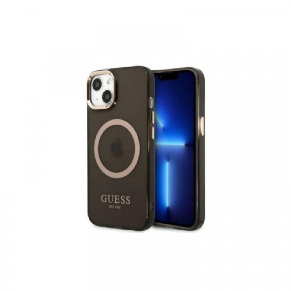 Guess Futrola za iPhone 13 Black Gold Outline Translucent MagSafe