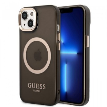 Guess Maska za iPhone 14 Plus Gold Outline Translucent Black MagSafe