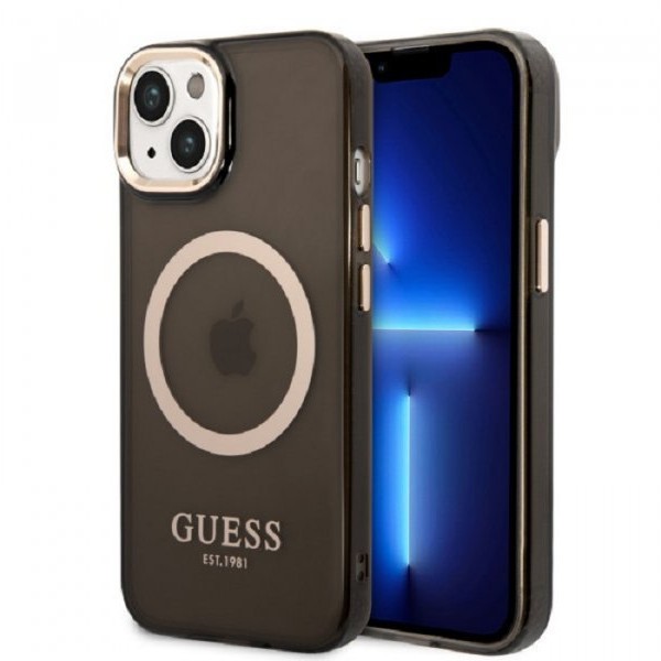 Guess Maska za iPhone 14 Plus Gold Outline Translucent Black MagSafe