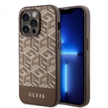 Guess Maska za iPhone 14 Pro GCUBE PU STRIPES Brown MagSafe