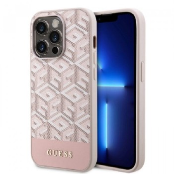 Guess Maska za iPhone 14 Pro GCUBE PU STRIPES Pink MagSafe