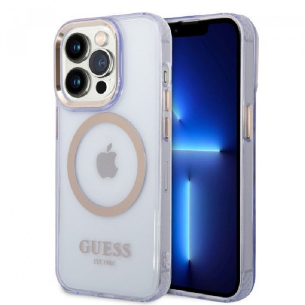 Guess Maska za iPhone 14 Pro GOLD OUTLINE TRANSLUCENT Purple MagSafe