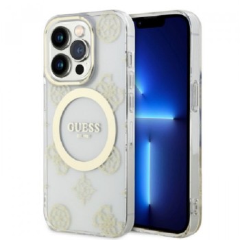 Guess Maska za iPhone 14 Pro IML GLITTER PEONY GOLD TRANSPARENT MagSafe