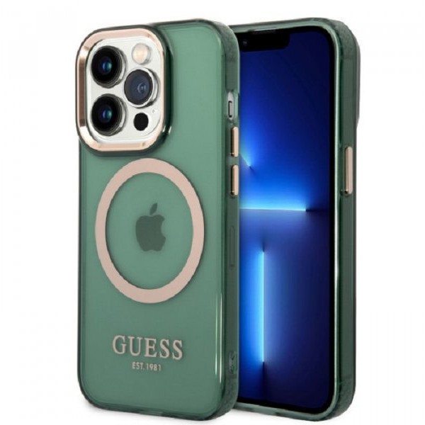 Guess Maska za iPhone 14 Pro Max GOLD OUTLINE TRANSLUCENT KAKI MagSafe