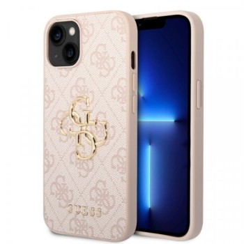 Guess Maska za iPhone 15 LEATHER 4G METAL LOGO PINK