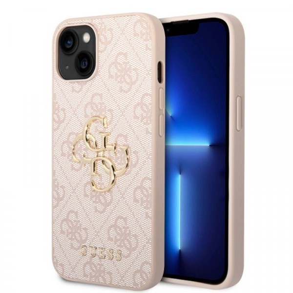 Guess Maska za iPhone 15 LEATHER 4G METAL LOGO PINK