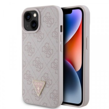 Guess Maska za iPhone 15 LEATHER 4G TRIANGLE STRASS PINK