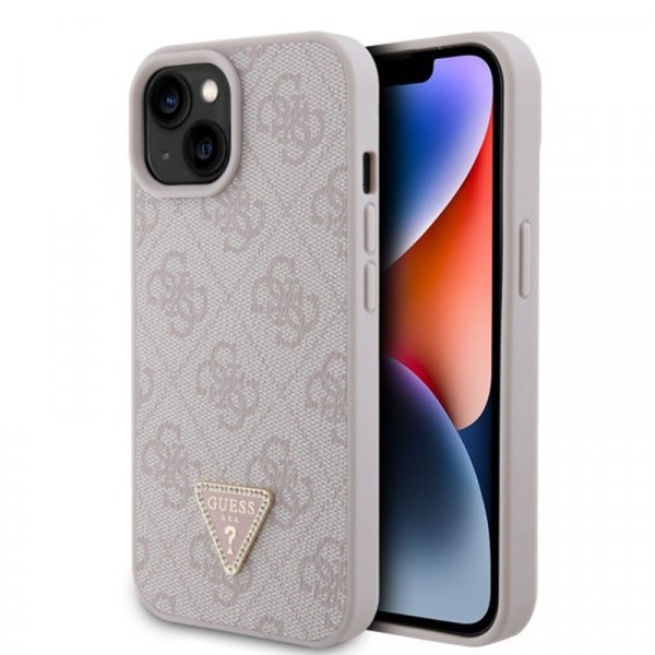 Guess Maska za iPhone 15 LEATHER 4G TRIANGLE STRASS PINK