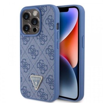 Guess Maska za iPhone 15 Pro LEATHER 4G TRIANGLE STRASS BLUE