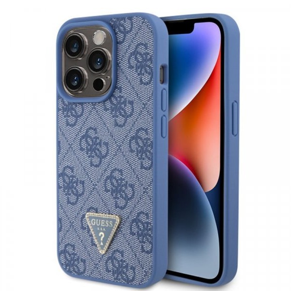 Guess Maska za iPhone 15 Pro LEATHER 4G TRIANGLE STRASS BLUE
