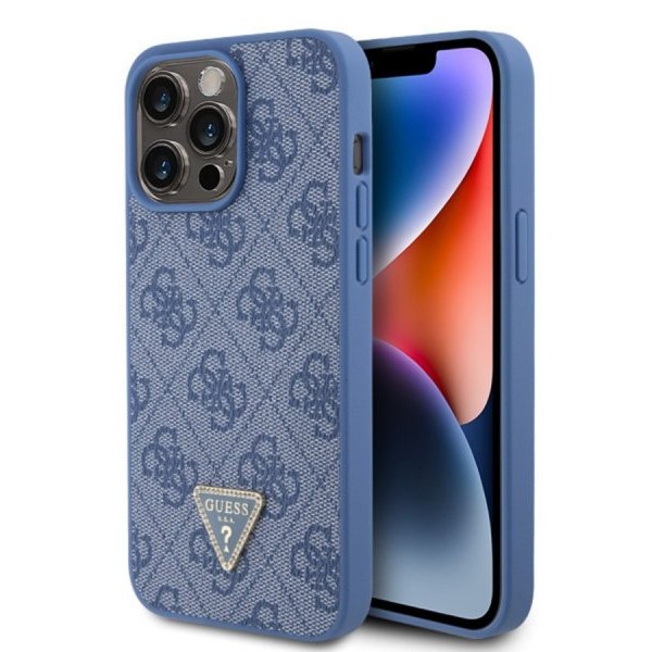 Guess Maska za iPhone 15 Pro Max LEATHER 4G TRIANGLE STRASS BLUE