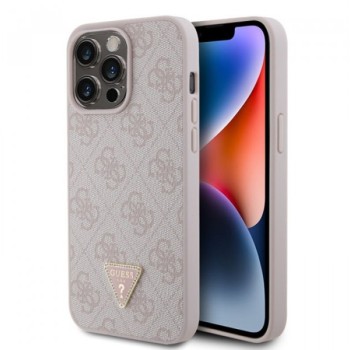 Guess Maska za iPhone 15 Pro Max LEATHER 4G TRIANGLE STRASS PINK